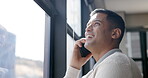 Phone call, smile or businessman in office window for success communication, networking or talking to customer. Employee, manager or happy male on smartphone for planning, discussion or startup deal