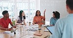 Meeting, question and group of business people in the office boardroom in a corporate discussion. Diversity, collaboration and professional employees working on a project together in the workplace. 