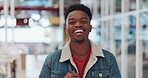 Black man, face and smile portrait in building for designer success, positive mindset and employee standing in lobby. African man, portrait and happy for innovation vision or entrepreneur headshot