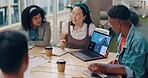Laptop, presentation and meeting with a woman team leader training or coaching her business team in the office. Data, marketing and workshop with a female manager and employee group in a seminar
