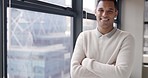 Business man, smile and vision for leadership with arms crossed for pride of career choice for future at a office window. Portrait of Arab entrepreneur happy about progress of startup company