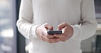 Hands, man and smartphone for typing, social media and connectivity. Closeup, male and guy with phone for communication, online reading and search internet for chatting, texting or cellphone to relax