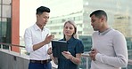 Business people, tablet and rooftop conversation for planning, vision and target in city. Corporate woman, executive men and diversity with teamwork, strategy and digital tech for goals in New York