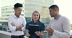 Business people on rooftop, tablet and talking for marketing strategy, advertise campaign or data analysis in city. Employees, team or device for online schedule, digital finance planning or teamwork