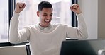 Businessman, laptop and winner in celebration for good news, reading email or promotion at the office. Happy employee man celebrating online deal, discount or opportunity on computer at the workplace