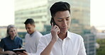 Business man, phone call and talking in city, chatting or networking. Tech, cellphone and Asian man on 5g mobile smartphone speaking to contact, conversation or business deal discussion outdoors.