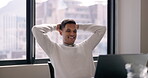 Laptop, business man and relax in office after finishing marketing project. Computer, rest and happy male employee on break after hard work, planning sales growth strategy or complete writing email.