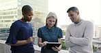 Teamwork, discussion and business people on rooftop for planning, strategy and brainstorming ideas in meeting. Network, collaboration and group of workers with digital tech talking on office balcony