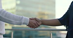 Handshake, deal and partnership, collaboration and business people working together in city. Thank you, teamwork and people shaking hands in agreement, welcome and recruitment, onboarding or hiring.