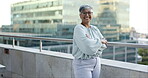 Face of business woman in city building for corporate leadership, career success or management solution with trust. Proud, smile of black woman worker, executive or ceo on urban balcony in a portrait