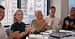 Audience, presentation and business people applause in meeting for success in project, profit growth and sales. Diversity, office and group of workers clapping hands for goal, victory and celebration