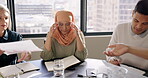 Muslim woman, headache or business meeting stress in company financial planning, loan strategy or investment growth. Islamic worker, employee anxiety or mental health burnout in finance collaboration