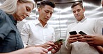 Phone, communication or group of business people in an elevator social media or networking online typing messages via email together. Community, digital or employees chatting, texting in an auto lift