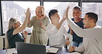 High five, laptop and business people winning deal, website sales and global target audience with success, goals and teamwork. Yes, wow and surprise of corporate diversity employees on email results