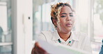 Business, woman and conversation with report documents in office for financial budget planning, strategy proposal or marketing kpi. Manager meeting, paperwork and checking analytics or sales growth