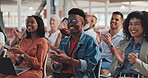 Applause, workshop and crowd with a business team clapping during a presentation or seminar. Meeting, conference and training with a man and woman employee group cheering success or an achievement