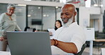 Success, celebration and black man on laptop with employee celebrating goals, target or achievement. Winner, victory and mature business people on computer celebrate winning on stock market in office