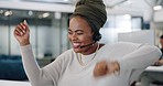Customer service call center, happy dance or woman celebrate telemarketing sales success or consulting achievement. Contact us CRM, wow surprise or excited African consultant dancing with telecom mic