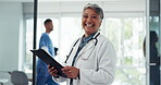 Healthcare, documents and insurance with a doctor woman at work in a hospital for medical care. Portrait, trust and consulting with a female medicine professional standing in a clinic for treatment