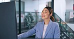 Business woman, happy and smile with success, target goal reach and job satisfaction, professional and bonus at Seoul office. Asian worker, happiness and excited, content and pride in work and career