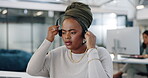 Black woman, stress headache or call center headset in telemarketing coworking office, customer support company or consulting startup. Receptionist, contact us computer or technology worker burnout
