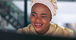 Face, business and black woman reading email, smiling and excited for good news in office. Computer pc, smile and happy female employee looking at website, social media or online message in workplace