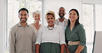 Collaboration, motivation and mindset with a business team posing for a photograph together in the office. Happy, smile and teamwork with a man and woman employee taking a picture while at work