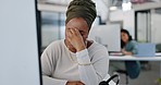 Call center, stress and black woman with headache working in customer support, sales or crm. Burnout, woman and worker suffer pain, migraine or frustration, anxiety and pressure in customer service