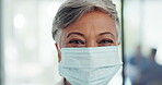 Covid, face mask and senior doctor in hospital for healthcare, safety or wellness. Leadership, corona or portrait of female, woman or medical physician in ppe prepared to tackle the covid 19 pandemic