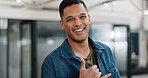 Businessman, employee and face with smile and hand sign gesture, greeting or hello with success in workplace. Professional portrait, Arab man and happy with workspace and positive mindset in Qatar.