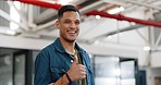 Business man, portrait and thumbs up while walking in a office with a smile and pride for success, achievement and choice of career. Happy employee show hand sign as yes or thank you for support