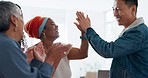 High five, business staff and employee celebration of diversity, teamwork success and collaboration. Working, creative startup and winner hand sign of a workplace win from office strategy growth