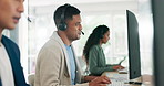 Call center, consulting and smile with businessman in office for telemarketing, customer service and technical support.  Help desk, contact us and crm with employee and microphone for sales advisory