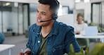 Crm, technical support and web help man consultant working on a digital call in a office. Telemarketing, customer support and call center agent doing sales communication for customer service