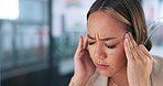 Headache pain, stress anxiety and woman with migraine crisis, medical healthcare problem or work burnout. Mental health, depression and Asian girl depressed over career, job fail or corporate mistake