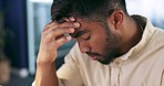 Stress, headache and tired businessman in the office with a burnout working on a project with a deadline. Exhausted, fatigue and overworked professional male employee planning report with frustration