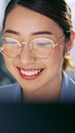 Website, computer and face of woman scroll on cloud computing database for stock market research. Glasses reflection, economy or Asian trader happy for bitcoin mining, forex investment or nft trading