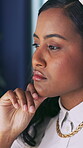 Creative business woman, face and thinking of idea for marketing strategy, planning or advertising at the office. Female employee designer contemplating market or design plan in project for startup 