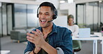 Businessman, call center and sale celebration in telemarketing, financial broker or consultant at office. Happy employee agent in applause for deal success, investment or customer service on computer