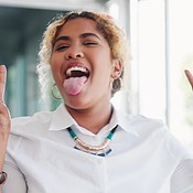 Funny black woman, peace hands and office with smile, face and laughing ...