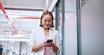 Business woman, office phone and communication of a employee walking with a smile. Corporate worker on technology for social media, web and internet scroll at work with happy texting on a break