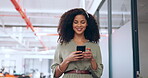 Business phone, office and black woman in smile for networking, online negotiation or email communication feedback on sales. Happy corporate employee using phone or smartphone mobile app in workspace