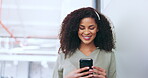 Phone, search and smile with business woman in office for networking, news and social media. Internet, technology and app with black woman and mobile for connection, contact and communication