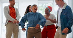 Business people, dancing and celebrate diversity in office for success, happiness and team building together. Small business achievement, laughing and happy dance celebration or comic dance laughing