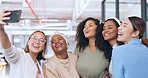 Business women, selfie and phone with a happy team together for social media profile picture with a smile, happiness and support. Group of female employees with smartphone for update on diversity