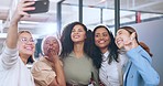 Team, selfie and business women with phone in office with funny face, peace sign and comic expressions. Teamwork, collaboration and group of female workers take picture, excited for corporate startup