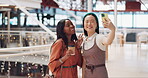 Phone selfie, women and friends with peace sign at mall taking pictures for social media. Bokeh, hand gesture and girls taking photo on mobile smartphone for profile picture or happy memory together.