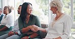 Handshake, greeting and business people meeting at conference with welcome, thank you and deal. Team building, b2b and corporate women shaking hands at a workshop with a congratulations and thanks