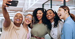 Business women, team and funny selfie with phone for social media, collaboration or startup success together. Female, group and diversity workers taking picture, smartphone or silly friends in office