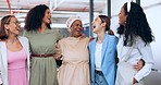 Diversity, work friends and women in modern office, bonding and laugh together. Females, girls and in workplace for business strategy, marketing department and conversation for advertising campaign.